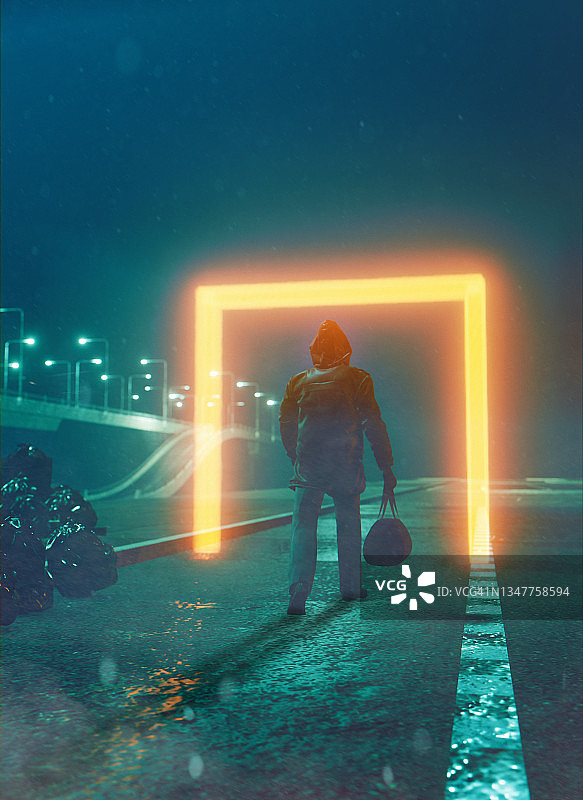 一个男人提着包走进奇异的发光传送门图片素材
