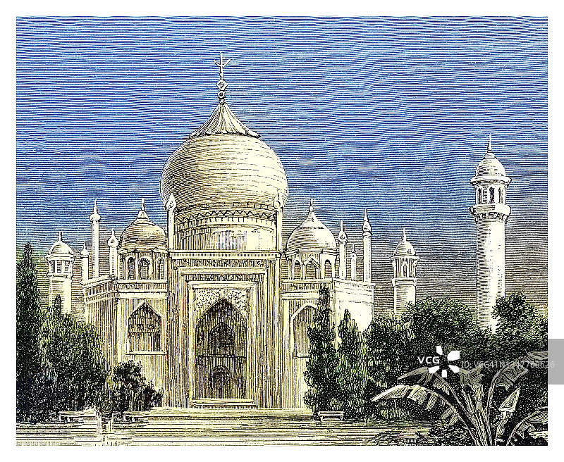 泰姬陵的古老雕刻插图，象牙白色大理石陵墓 - 联合国教科文组织世界遗产图片素材