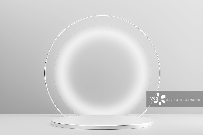 白色背景上带有白色背光的豪华圆形银色讲台，展示产品的完美平台，三维插图图片素材