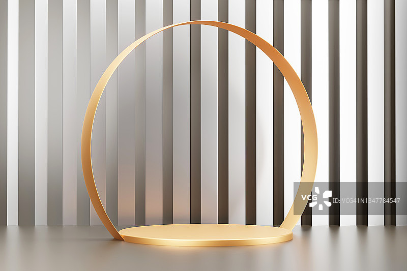 抽象条纹银色背景上的奢华圆形金色金属讲台。展示产品的完美平台。三维插图图片素材