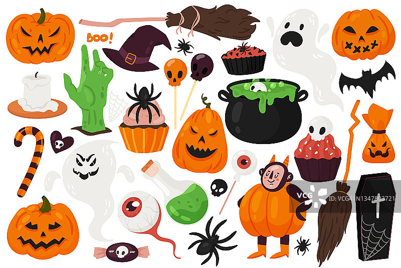 万圣节恐怖套装，怪异的南瓜灯、蜘蛛、恐怖幽灵和巫婆扫帚图片素材
