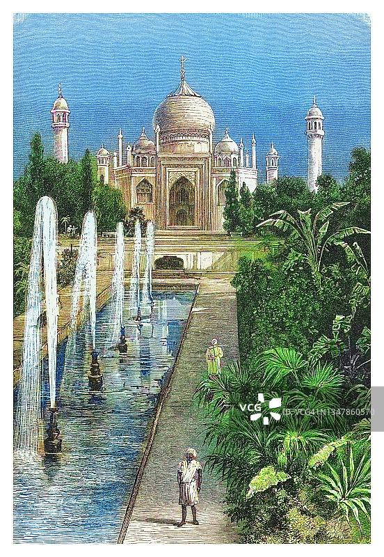 泰姬陵的古老雕刻插图，象牙白色大理石陵墓 - 联合国教科文组织世界遗产图片素材