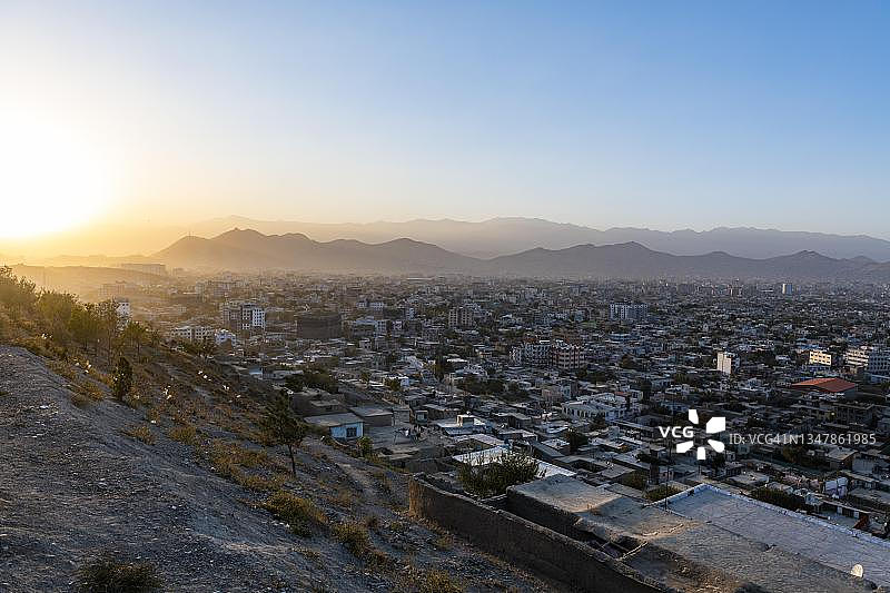 阿富汗喀布尔日落鸟瞰图图片素材