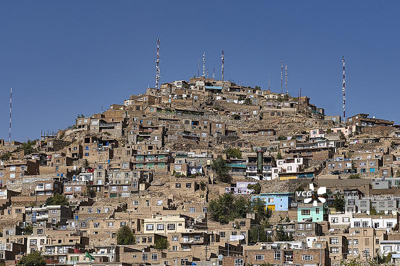 阿富汗喀布尔Sakhi Shah-e Mardan圣地周边山坡上的房屋图片素材