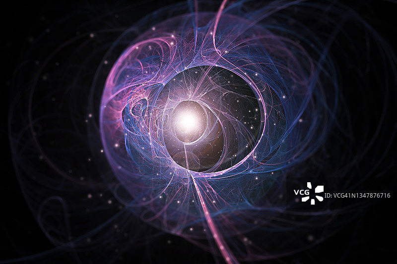 量子风格的科幻概念设计，中心发光，星星漂浮在黑色背景上图片素材