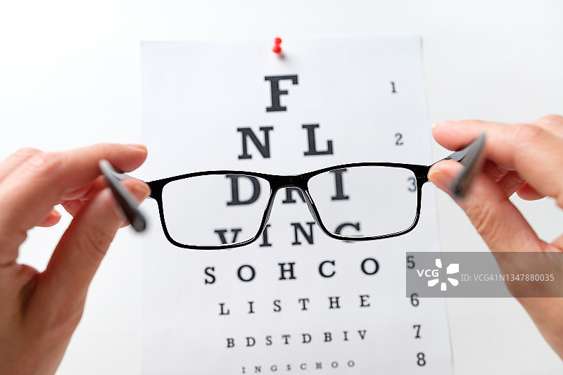 女士手中的时尚眼镜与视力检查表，眼科视力测试图片素材
