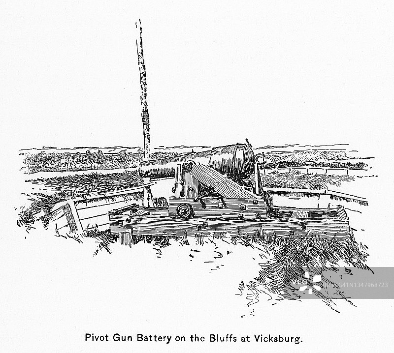维克斯堡炮台枢轴炮的老式雕刻插图（1863年）图片素材