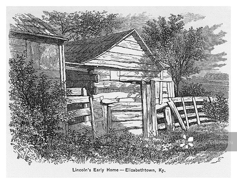 亚伯拉罕·林肯故居（肯塔基州哈丁县伊丽莎白镇）古老雕刻插图图片素材