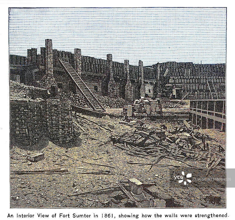 1861年萨姆特堡内部景观的雕刻插图，展示了墙壁是如何加固的图片素材