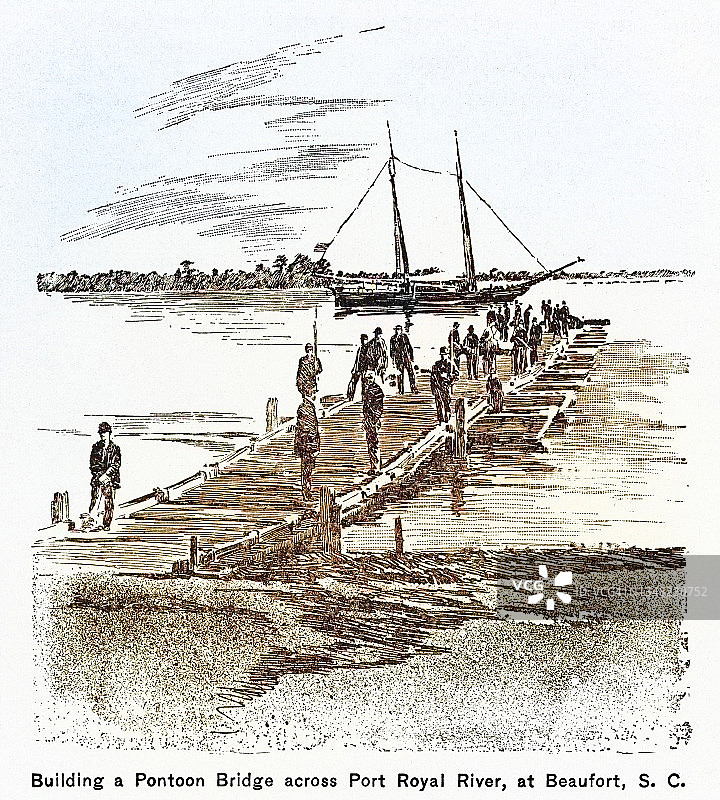 1862年3月，在博福特皇家港河上建造浮桥的古老版画插图图片素材