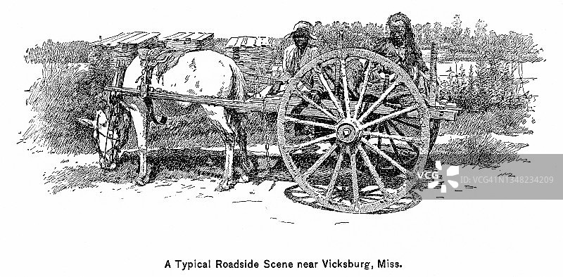 密西西比州维克斯堡附近典型路边景象的古老雕刻插图图片素材