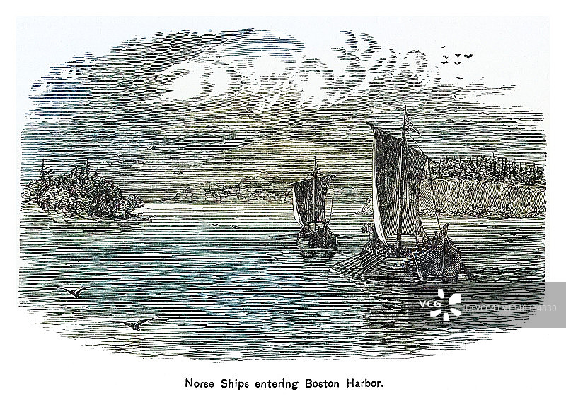 描绘诺尔斯船只进入波士顿港的古老版画图片素材