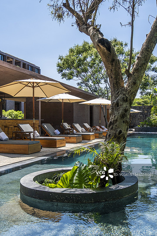 墨西哥特波斯特兰精品水疗酒店度假村的泳池前躺椅图片素材