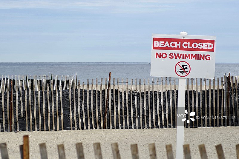 海滩上的标志：“海滩关闭，禁止游泳”图片素材