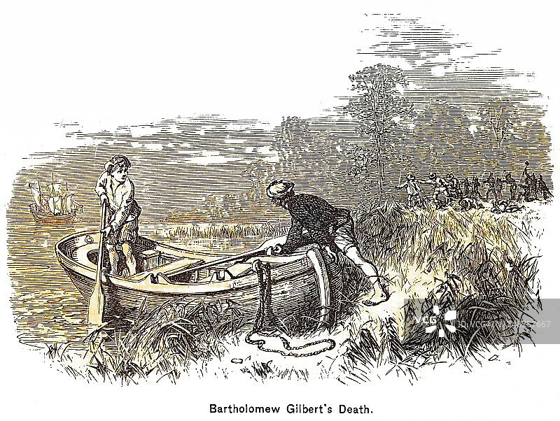 巴塞洛缪·吉尔伯特船长之死古老雕刻插图图片素材