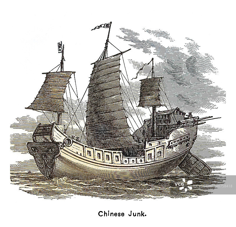 中国文化中国帆船古老雕刻插图图片素材