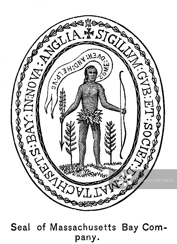 马萨诸塞湾公司印章古版画插图图片素材