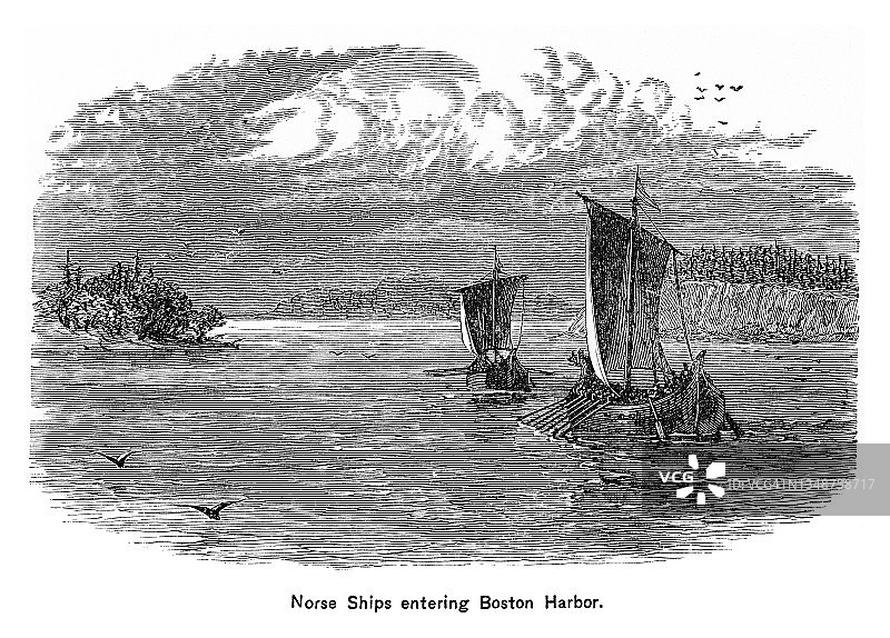 描绘诺尔斯船只进入波士顿港的古老版画图片素材