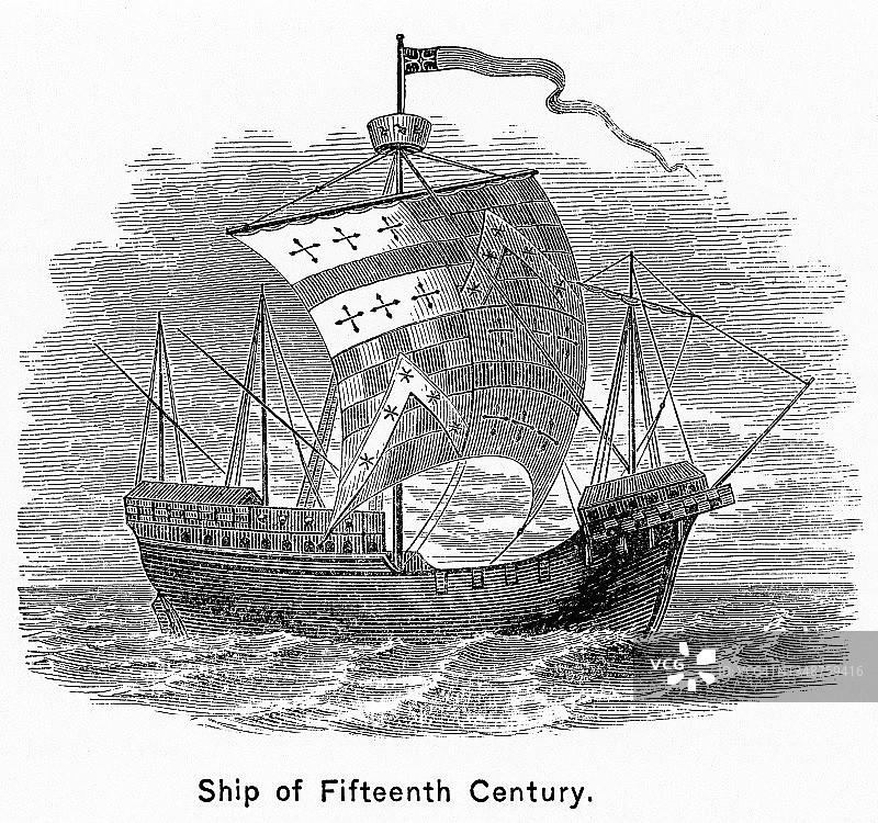 15世纪的船舶古老雕刻插图，哥伦布时代的船舶图片素材