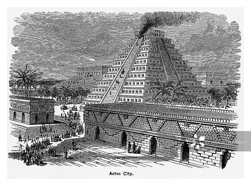 刻有阿兹特克城市的老式插图图片素材