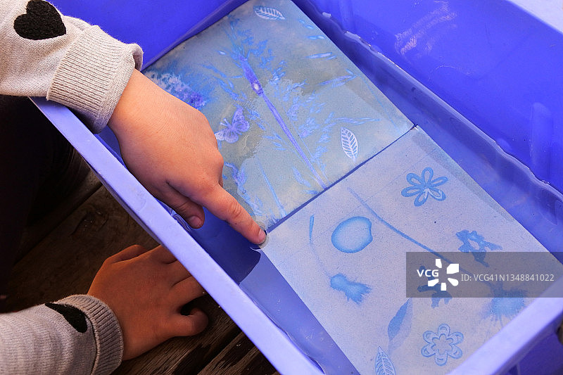 孩子冲洗蓝晒法摄影工艺品图片素材