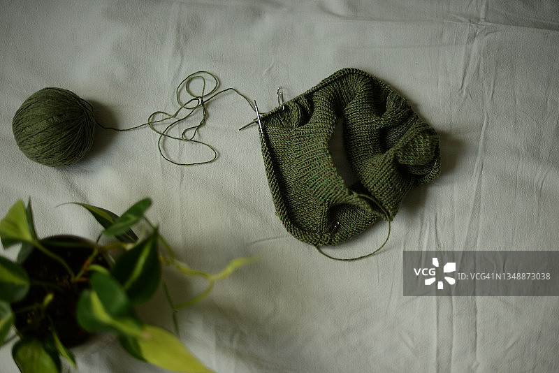 绿色编织项目白色背景旁的盆栽绿植图片素材