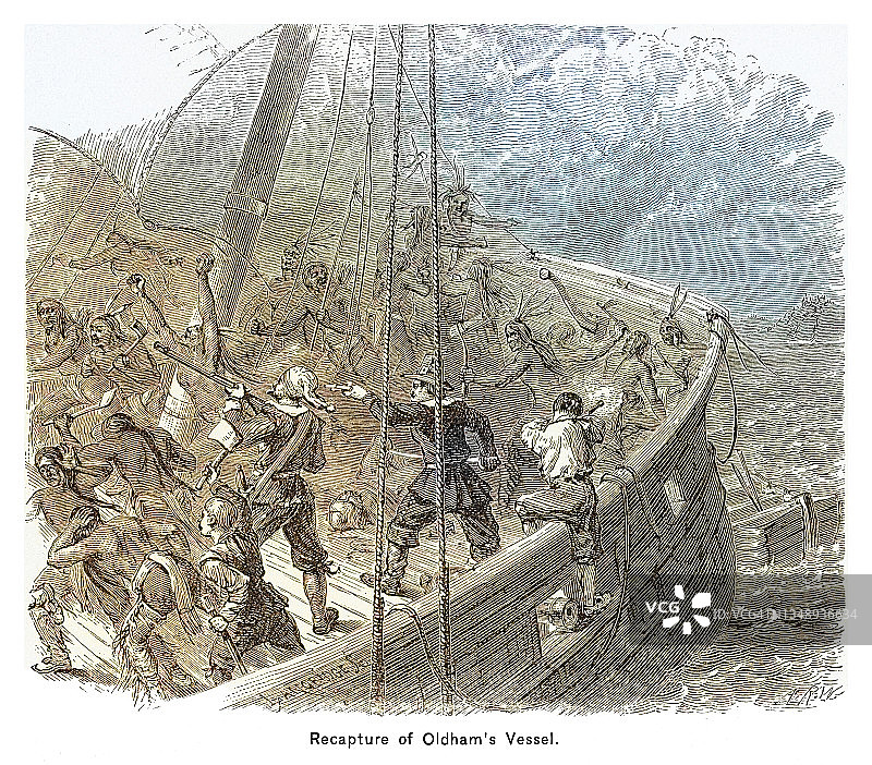 Gallups重新夺回奥尔德姆的船只古老雕刻插图图片素材