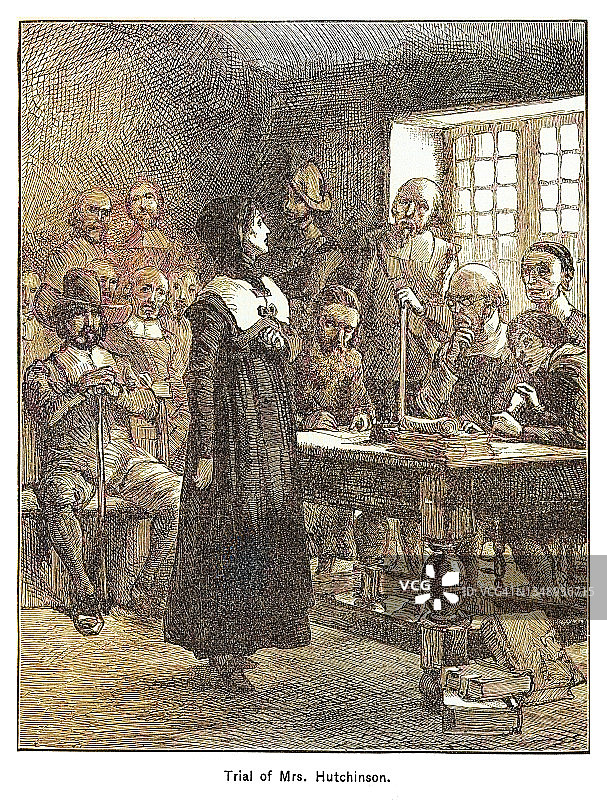 安妮·哈钦森夫人的审判的老旧雕刻插图图片素材