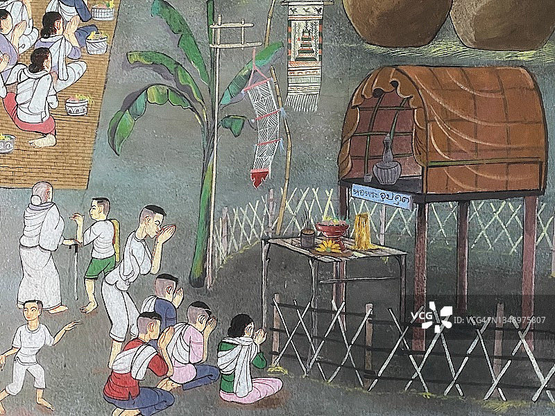 泰国寺庙墙壁上的传统泰式壁画图片素材