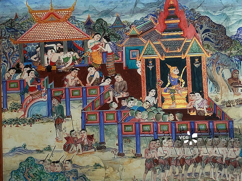 泰国寺庙墙壁上的传统泰式壁画图片素材