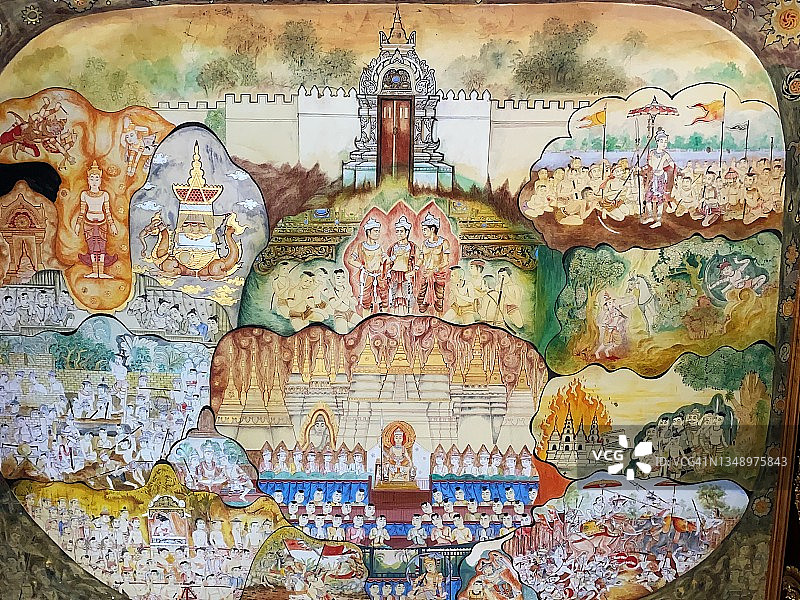 泰国寺庙墙壁上的传统泰式壁画图片素材