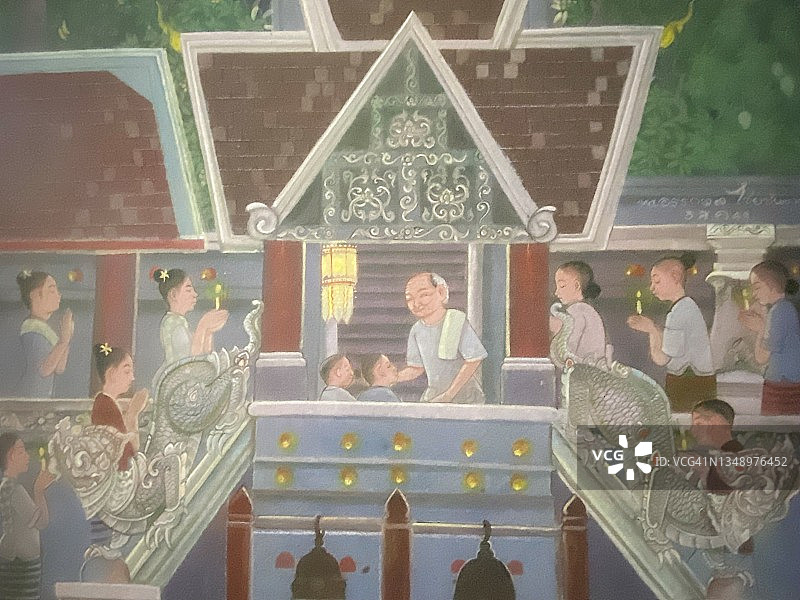 泰国寺庙墙壁上的传统泰式壁画图片素材