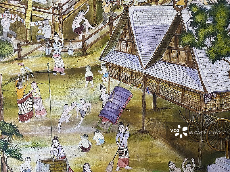 泰国寺庙墙壁上的传统泰式壁画图片素材