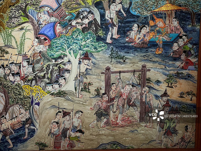 泰国寺庙墙壁上的传统泰式壁画图片素材