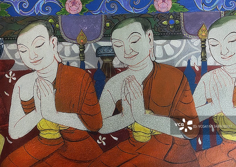 泰国寺庙墙壁上的传统泰式壁画图片素材