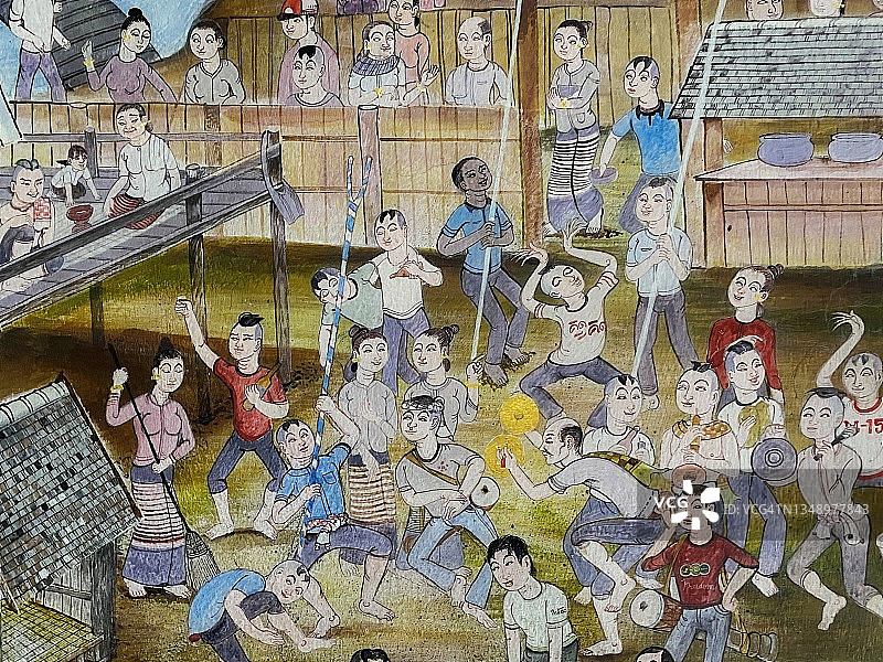 泰国寺庙墙壁上的传统泰式壁画图片素材