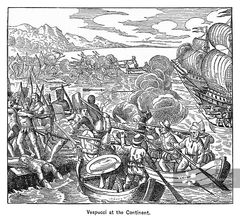 古代版画：韦斯普奇及其船员在1499-1500年航行期间抵达圭亚那海岸，受到当地印第安人的袭击图片素材