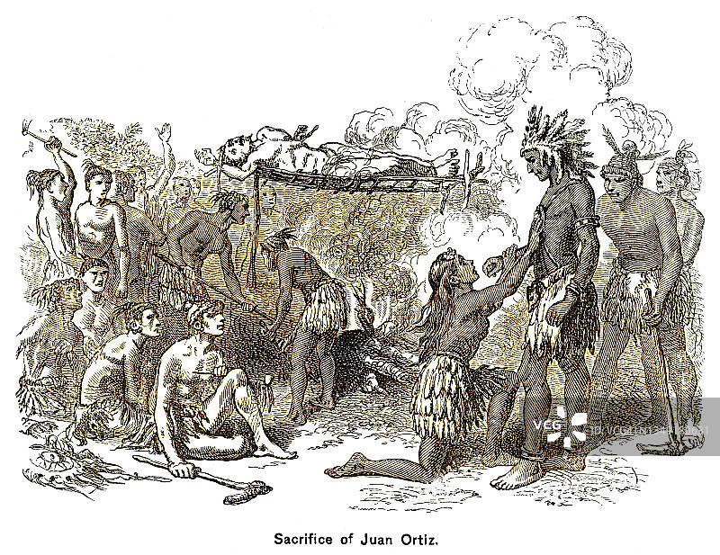 胡安·奥尔蒂斯被美洲原住民俘虏：古老的版画插图图片素材