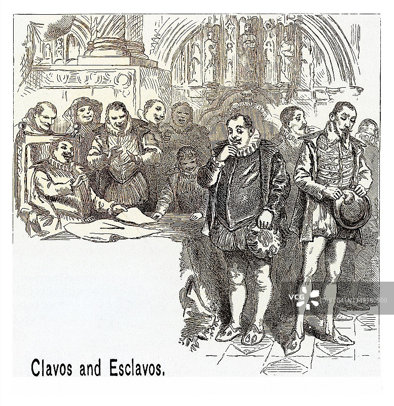 古老的Clavos和Esclavos（1528）雕刻插图 - 朝圣者和清教徒的历史图片素材