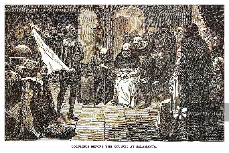 哥伦布在萨拉曼卡委员会前的老式雕刻插图图片素材