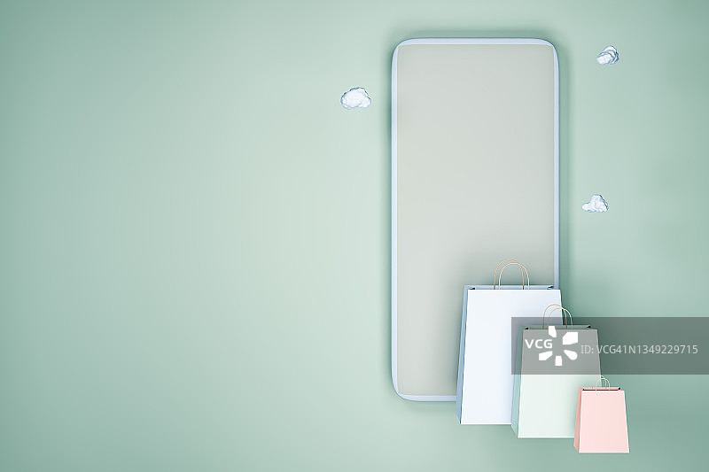 绿色调购物袋手机3D渲染，在线购物概念图片素材