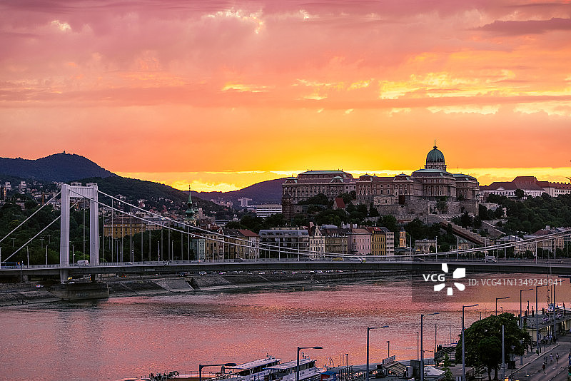 匈牙利布达佩斯日落时分的布达城堡天际线图片素材