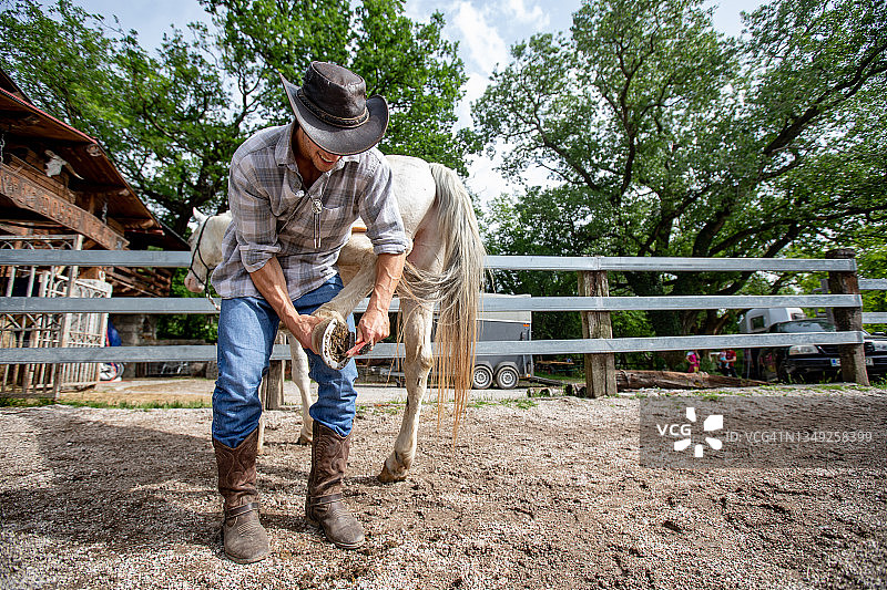 在牧场清理马蹄铁的年轻牛仔图片素材