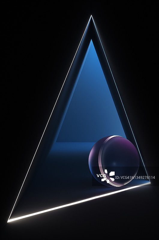 由混凝土墙和霓虹灯束构成的未来走廊，内部有一个球体图片素材