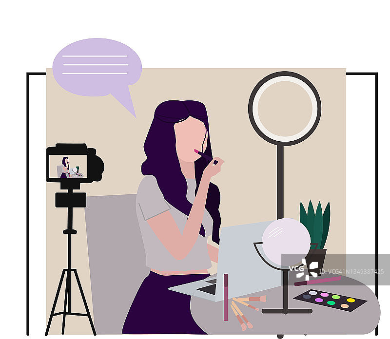 美妆博主制作化妆教程视频。卡通视频创作者在家居工作室化妆和录制视频的扁平风格矢量图。图片素材