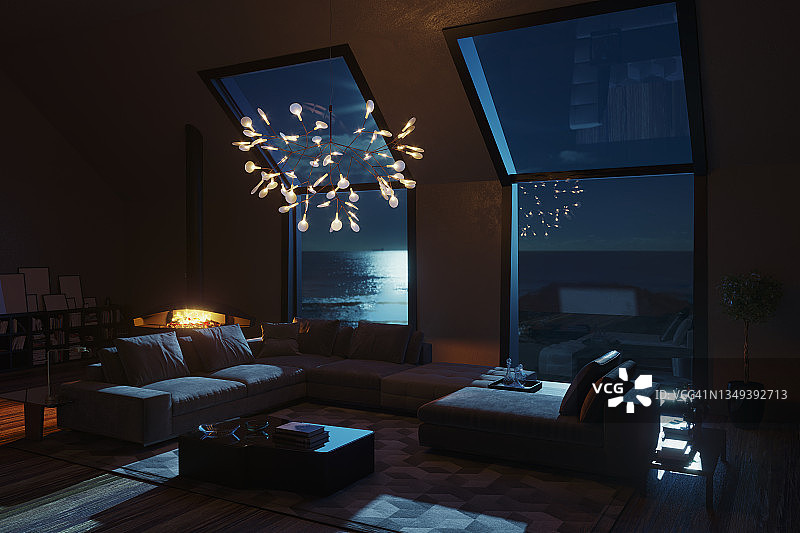 夜晚海景客厅内饰图片素材