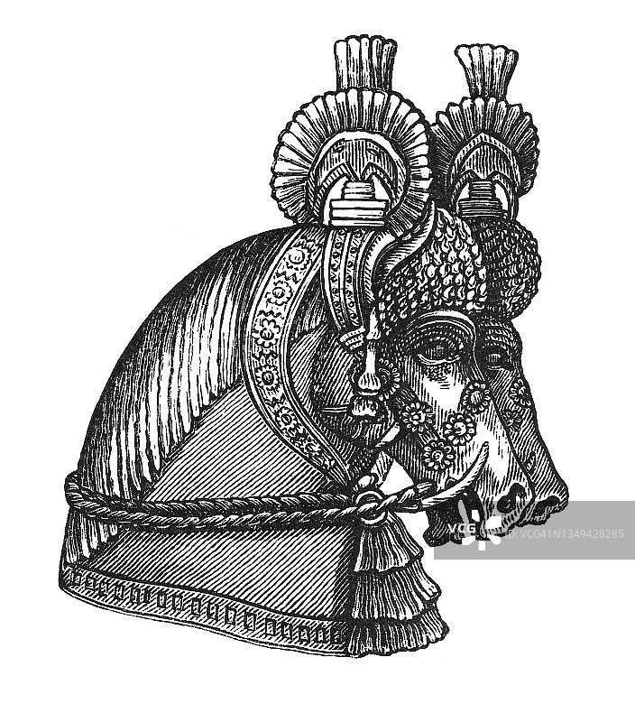 亚述-巴比伦古文物：马头上的装饰安全带古版画插图图片素材