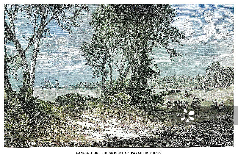 瑞典殖民者在特拉华州大西洋岸登陆点的古老雕刻插图（1600年）图片素材