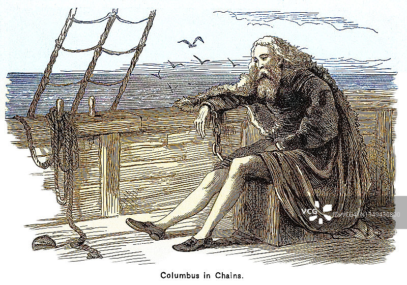 戴着镣铐的意大利探险家克里斯托弗·哥伦布的古老雕刻插图图片素材