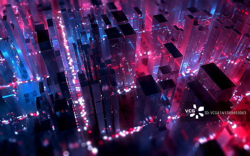 赛博朋克大都市夜景，雨和霓虹灯图片素材